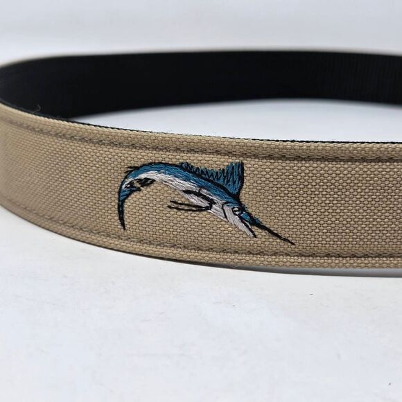 BATES WEB LEATHER BELT BROWN KHAKI HEAVY DUTY BRASS MARLIN FISHING MENS SIZE 36 - Picture 3 of 6